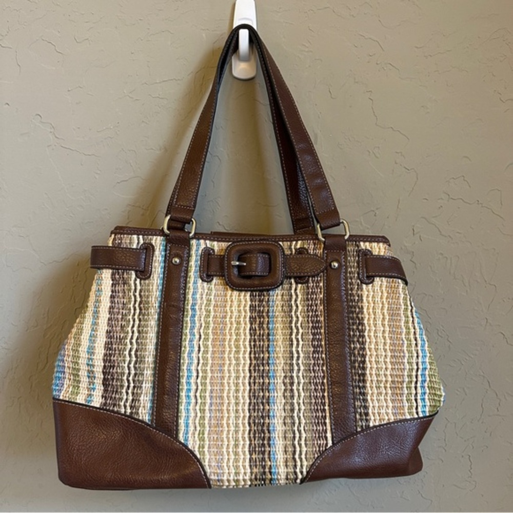 Ratan Woven Spring colors brown faux leather shoulder bag buckle‎ detail